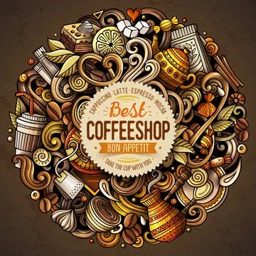 Cafe funny hand drawn vector doodles illustration. Stock Illustration