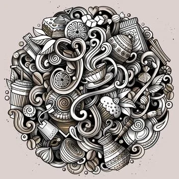 Cafe funny hand drawn vector doodles illustration. Stock Illustration