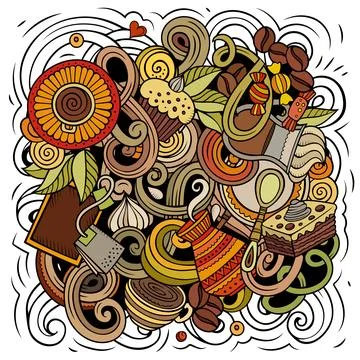 Cafe funny hand drawn vector doodles illustration. Illustrazione stock