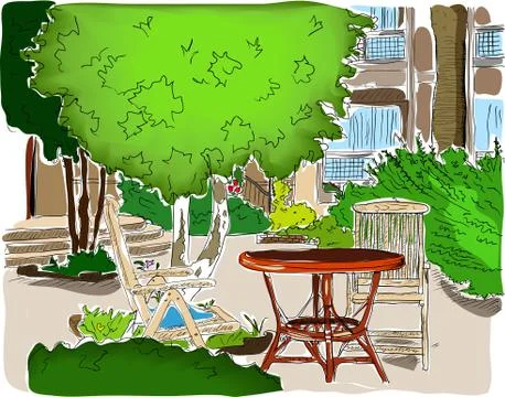 Cafe in the Garden. Full  colored version. Stock Illustration