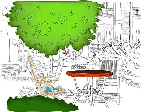 Cafe in the Garden. Partially colored version. Stock Illustration