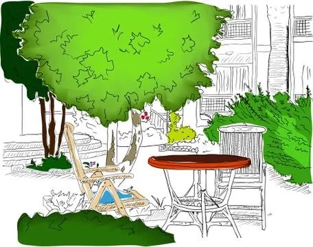Cafe in the Garden. Partially colored version2 Stock Illustration