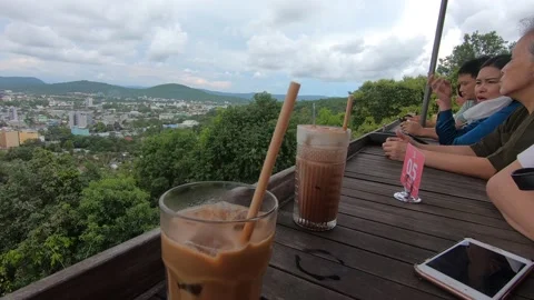 Cafe with good view 2 cups of coffee 스톡 동영상 154893365