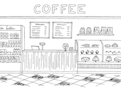 Cafe graphic black white interior sketch illustration vector Stock Illustration