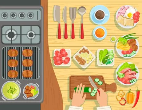 Cafe Grill Cooking Process Elements Set View From Above Stock Illustration