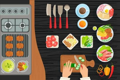 Cafe Grill Cooking Process Elements Set View From Above 스톡 일러스트