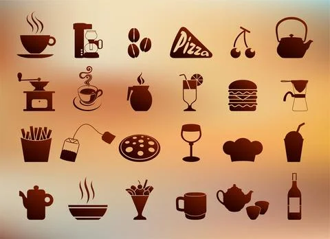 Cafe icon set in coffee or chocolate color on blur background Stock Illustration