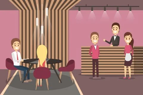 Cafe inteior. People sitting at the table Stock Illustration