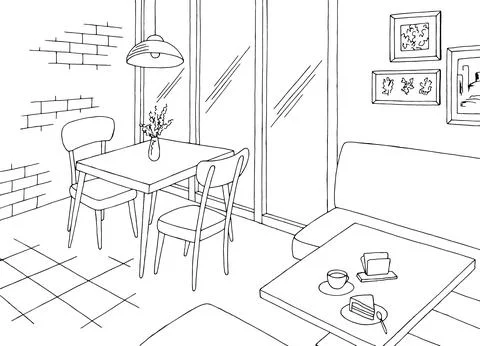 Cafe interior graphic black white sketch illustration vector Stock Illustration