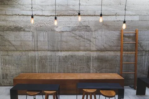 Cafe interior Layout in a loft style in dark colors open space interior view  Stock Photos