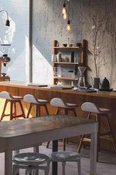 Cafe interior Layout in a loft style in dark colors open space interior view  스톡 사진