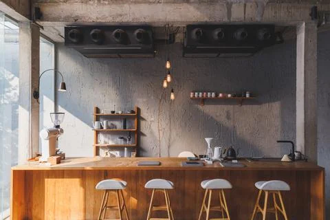 Cafe interior Layout in a loft style in dark colors open space interior view  Stock Photos