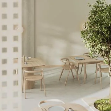Cafe interior in light biege tones with green plants and sunlight, wooden tab Stock Illustration