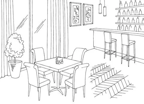 Cafe interior restaurant bar graphic black white sketch illustration vector Stock Illustration