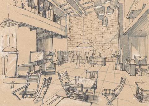 Cafe interior sketch Stock Illustration