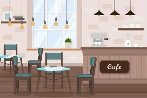 Cafe interior with tables, coffee machine, window and bar counter Illustrazione stock