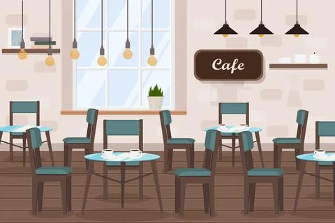 Cafe interior with tables, coffee machine, window and bar counter Illustrazione stock