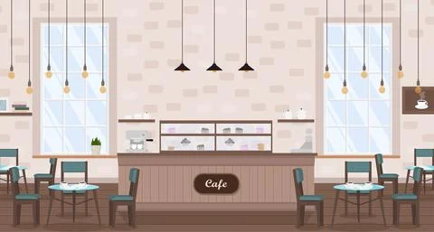 Cafe interior with tables, coffee machine, window and bar counter Illustrazione stock