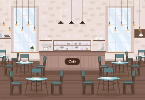 Cafe interior with tables, coffee machine, window and bar counter Illustrazione stock