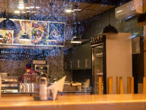 Cafe interior window. Design, Signboard, Rack, Refrigerator Stock Photos
