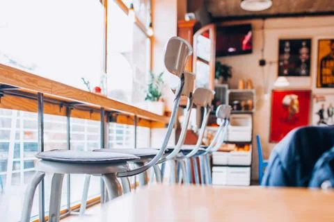 Cafe interiour with big window, shoot inside. Nobody Stock Photos