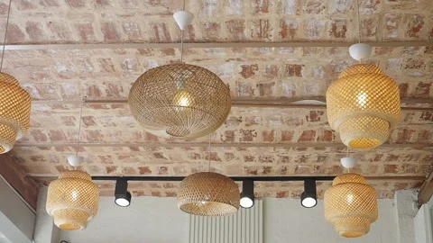 Cafe light fixtures on brick ceiling Stock Footage 344890872