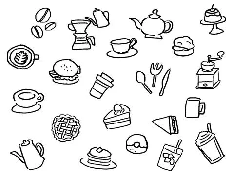 Cafe line drawing icon set. Black and white. Stock Illustration