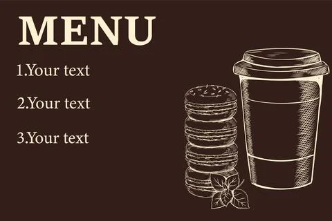 Cafe menu poster. Sweet macaroon. Coffee cup. Sketch food. Dessert pastry. De Stock Illustration
