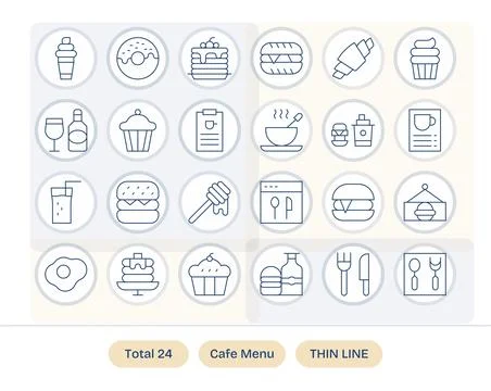 Cafe Menu Vector Icon Arsenal with 24 Retina Ready Thin Line Pixel Aligned .. Stock Illustration