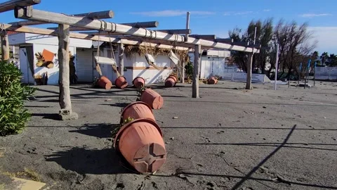 Cafe on the ocean after the storm Stock Footage 254021471