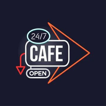 Cafe open 24 7 retro neon sign, vintage bright glowing signboard, light banner Illustrazione stock