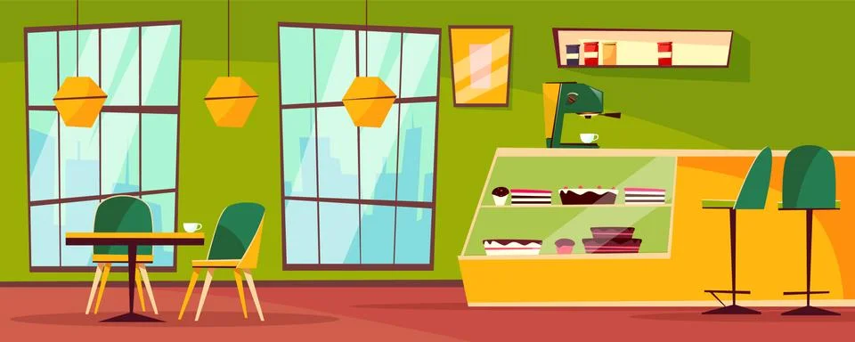 Cafe or cafeteria interior vector cartoon illustration Stock Illustration