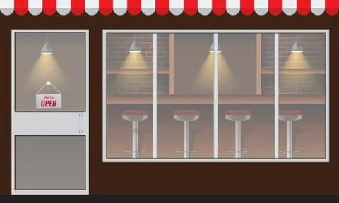 Cafe or restaurant facede with transparent window. Stock Illustration