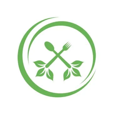 Cafe or restaurant serving Organic food logo- leaves from spoon and fork symb Illustrazione stock