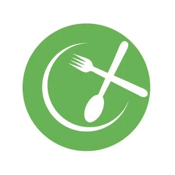 Cafe or restaurant serving Organic food logo- Green Plate with spoon and fork Stock Illustration