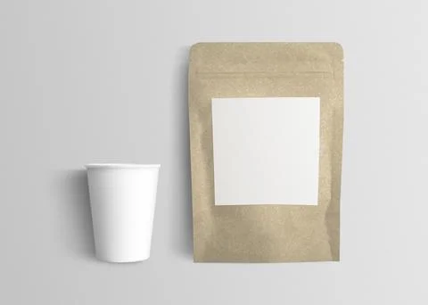 Cafe packaging with coffee bean pouch and paper cup Stock Photos