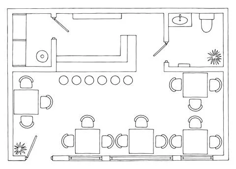 Cafe plan architecture floor interior furniture graphic black white sketch illus Stock Illustration