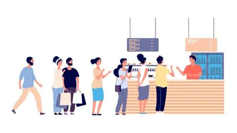 Cafe queue. People wait food, street food restaurant. Salad bar, men and women Stock Illustration