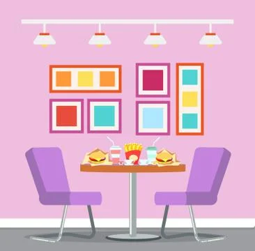 Cafe Restaurant Interior, Table with Fast Food Stock Illustration