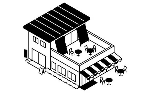 Cafe with rooftop terrace, simple black and white line drawing isometric il.. Ilustración de archivo