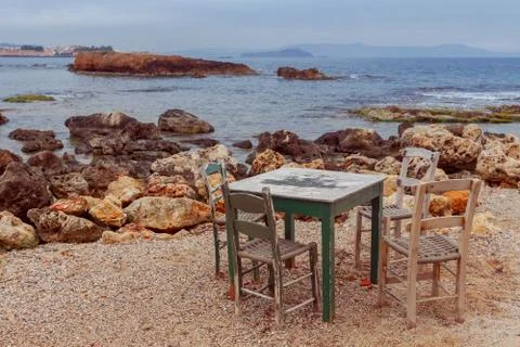 Cafe on the sandy beach. Chania. Stock Photos