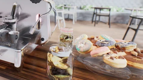 Cafe scene with coffee machine and display of colorful donuts Stock Footage 344826346