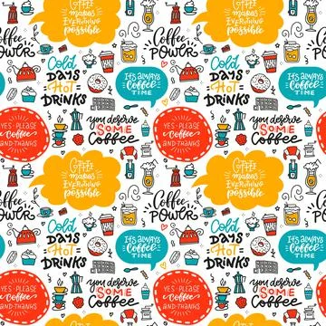 Cafe seamless pattern with doodle coffee, tea, cups and desserts, speech bubbles Stock Illustration