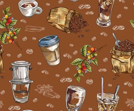 Cafe seamless pattern or background set. Vector seamless scene with paper cof 스톡 일러스트