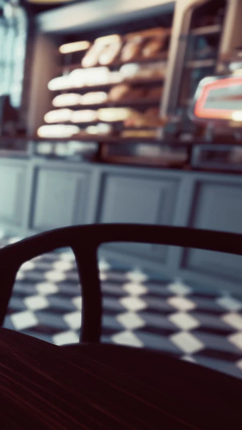 Cafe setting with empty chair and pastry display during the day 스톡 동영상 335098673