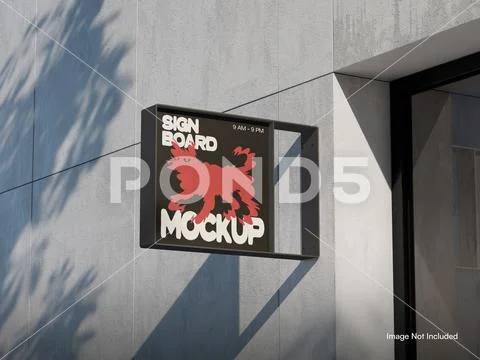 Cafe Sign Board Mockup 3D Rendering on Concrete Wall PSD Template