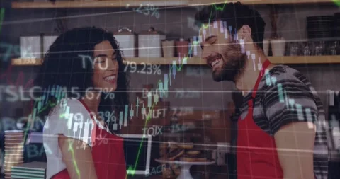 Cafe staff making eye contact, sparking overlaid finance charts across counter Stock Footage 331789633