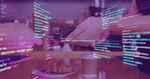 Cafe staff presenting POS, customer tapping card to pay, code overlay framing Stock Footage 330935523