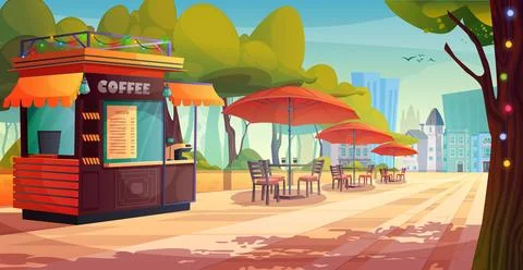 Cafe stall, tables under umbrellas on park alley Stockillustratie