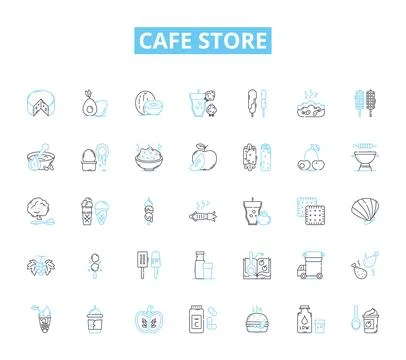 Cafe store linear icons set. Coffee, Latte, Muffin, Bagel, Croissant, Espresso Stock Illustration